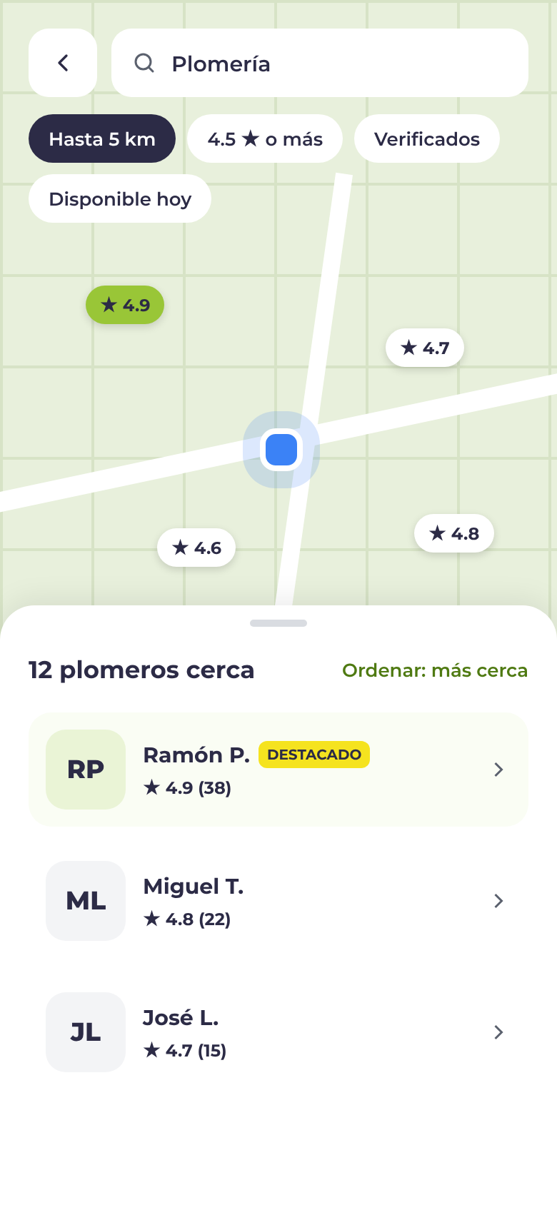 Pantalla de Workbefy con los plomeros cercanos ordenados por distancia, con su calificación y precio desde