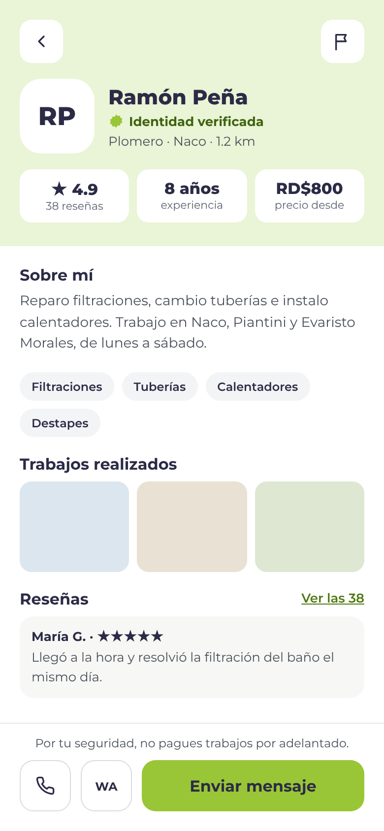 Perfil de un proveedor con insignia de identidad verificada, reseñas y botones para escribir o llamar
