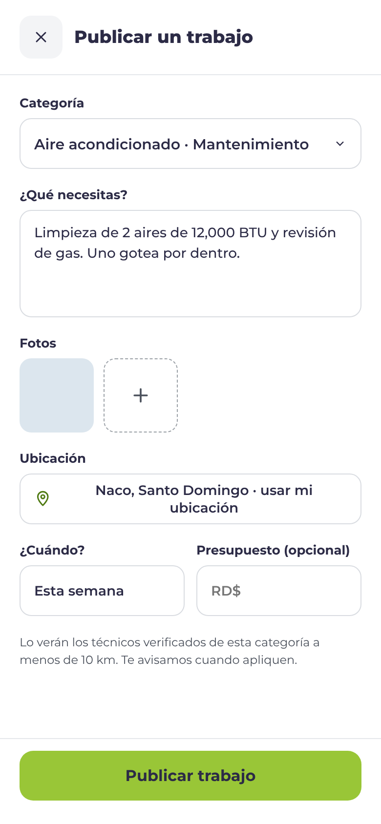 Formulario para publicar un trabajo con categoría, descripción, fotos y presupuesto
