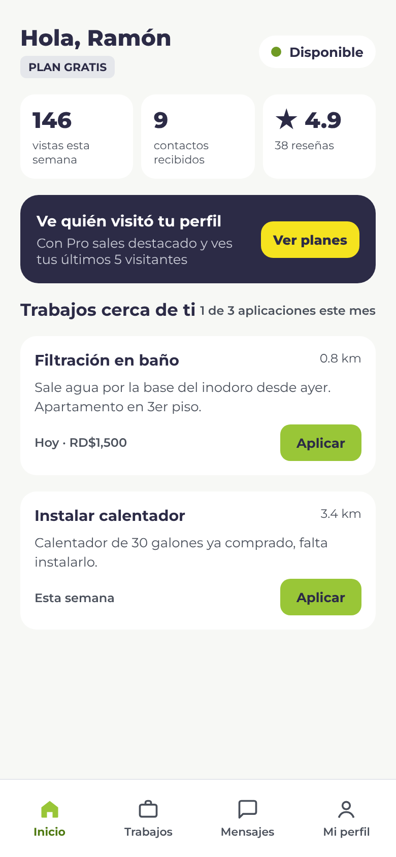 Inicio del proveedor en Workbefy con sus vistas de la semana, contactos y calificación